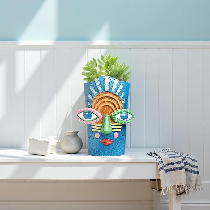 Picasso Abstract Face Flower Pot,Plant Pot with Facial Expressions,Handmade Resin Plant Pot with Drainage Holes,for Indoor and Outdoor Botanical Home décor (Blue Large)
