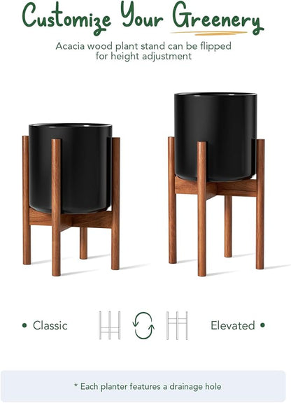 LE TAUCI 12 Inch Planter with Acacia Wood Stand, Large Ceramic Indoor Plant Pot with Drainage Hole & Plug, Mid Century Modern Plant Holder for Fiddle Leaf Fig, Monstera, Snake Plant, Black