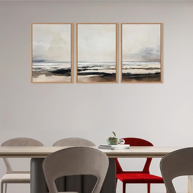 HOURIA Large Neutral Abstract Gray Framed Wall Art Set,Minimalist Modern Beige Brown Landscape Wall Decor,Wilderness Filed Artwork,Watercolor Misty Lake Print for Living Room,Bedroom,Office- 24"x36"x3