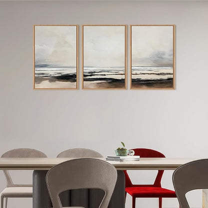 HOURIA Large Neutral Abstract Gray Framed Wall Art Set,Minimalist Modern Beige Brown Landscape Wall Decor,Wilderness Filed Artwork,Watercolor Misty Lake Print for Living Room,Bedroom,Office-16 x24 x3