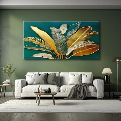 Green Leaf Wall Art, Green and Gold Leaves Wall Painting, Emerald Green Tropical Botanical Décor Canvas Prints, Abstract Sage Boho Painting for Office Home Décor, Ready to Hang 46L" x 23W"