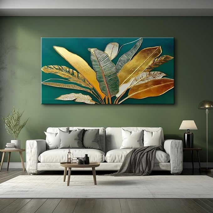 IDAFU Green Leaf Wall Art, Green and Gold Leaves Wall Painting, Emerald Green Tropical Botanical Décor Canvas Prints, Abstract Sage Boho Painting for Office Home Décor, Ready to Hang 60L x 30W