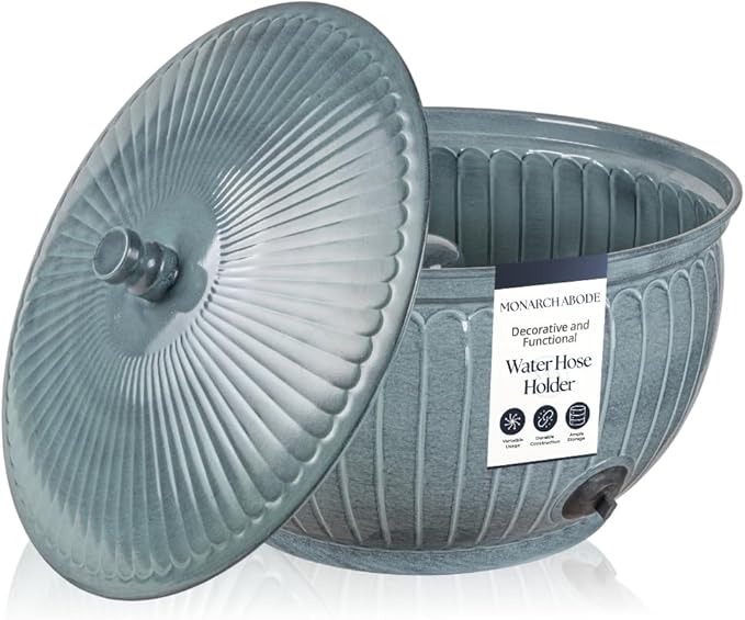 Monarch Abode Garden Hose Holder with Lid – Decorative Water Hose Holders for Outside, Arch Embossed Metal Patina Pot with Drainage, 100ft Waterhose Holder for Outside, Garden Storage Caddy