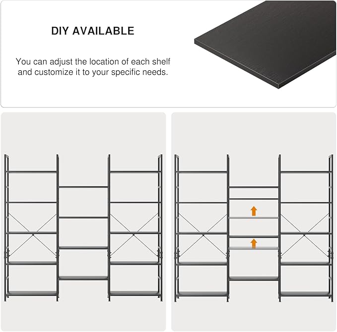OTK Triple Wide 5 Tier Bookshelf, Rustic Industrial Style Bookcases with 14 Open Display Shelves, Wide Bookshelves for Bedroom, Living Room and Home Office, Black