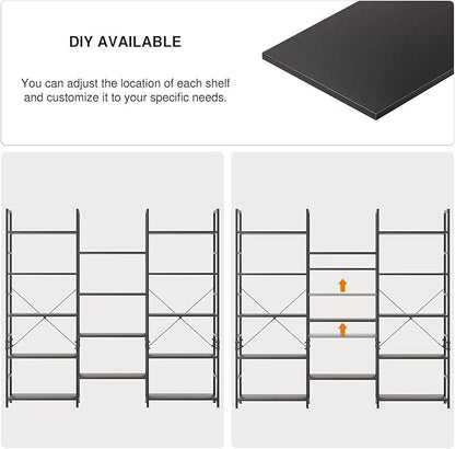 OTK Triple Wide 5 Tier Bookshelf, Rustic Industrial Style Bookcases with 14 Open Display Shelves, Wide Bookshelves for Bedroom, Living Room and Home Office, Black