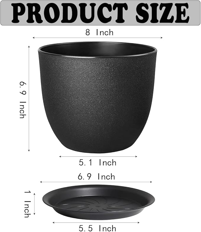 Planters for Garden House Plants, Indoor Outdoor Flower Pots Set with Trays 8 Inch Garden Pots,Plant Pots for Indoor Plants, Speckled Black