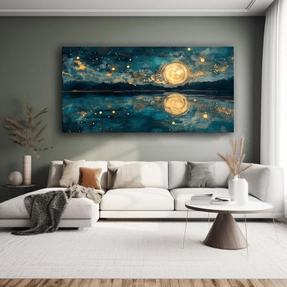 Moon Sea Ocean and Stars Canvas Wall Art -Moonrise at Sea Night Landscape Scene Printing, Blue & Gold Abstract Nature Artwork for Living Room, Bedroom & Coastal Home Décor, Ready to Hang 40L" x 20W"
