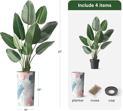 Artificial Tree in Modern Planter, Fake Bird of Paradise Silk Tree for Indoor and Outdoor Home Decoration - 67" Overall Tall (Plant Pot Plus Tree)