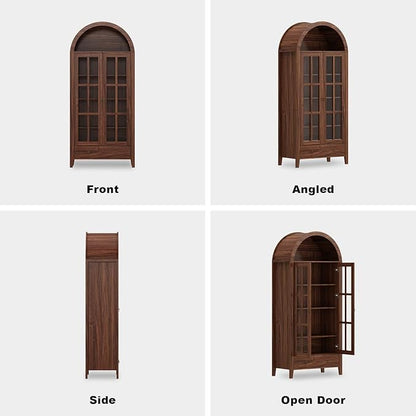 71" Tall Arched Cabinet, Modern Farmhouse Wooden Display Cabinet with Drawer and Glass Doors, 6 Tier Bookshelf w/Adjustable Shelves for Living Room, Office, Walnut
