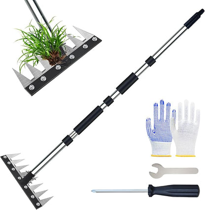 Thickened Version Stainless Steel Weeding Tool, 8 Tines Manual Weeder Rake, Garden Weed Puller Tool with Adjustable Length Handle, Weeder Rakes for Weeding Loosen The Soil and Collect Fallen