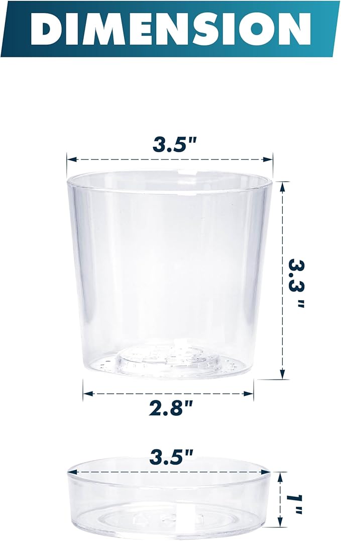 Phoenix Vine 3.5 Inch Clear Acrylic Planter Pot with Tray, Orchid Pot with Drainage Holes, Deep Saucer for Bottom Watering, Transparent Containers for Indoor Plants, Herbs, Set of 2, 91-A-D-2