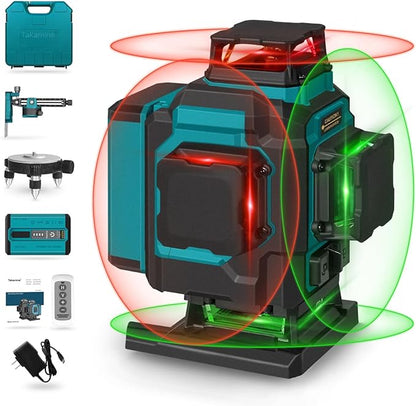 Takamine 16 Lines Laser Level, Red and Green 4x360 4D Cross Line Professional Laser with Two 360°Vertical and Two 360°Horizontal for Construction,Home Renovation,Rechargeable Battery