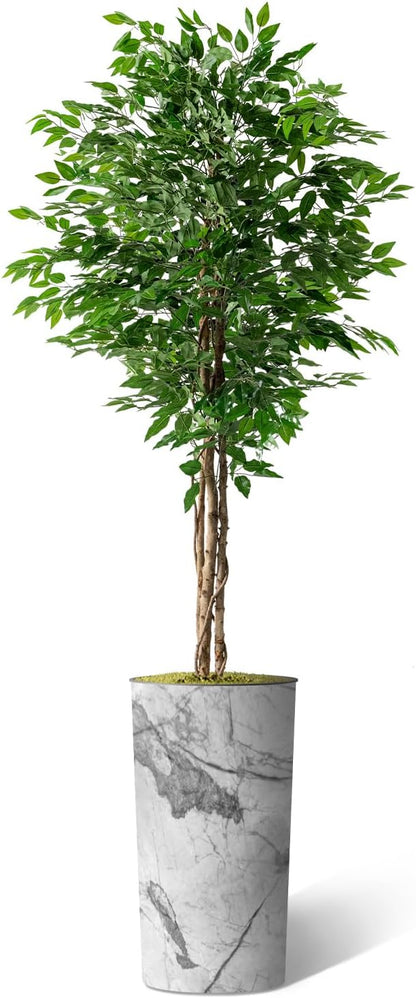 Artificial Tree in Gray Marble Effect Planter, Fake Ficus Silk Tree for Indoor and Outdoor Home Decoration - 75" Overall Tall (Plant Pot Plus Tree)
