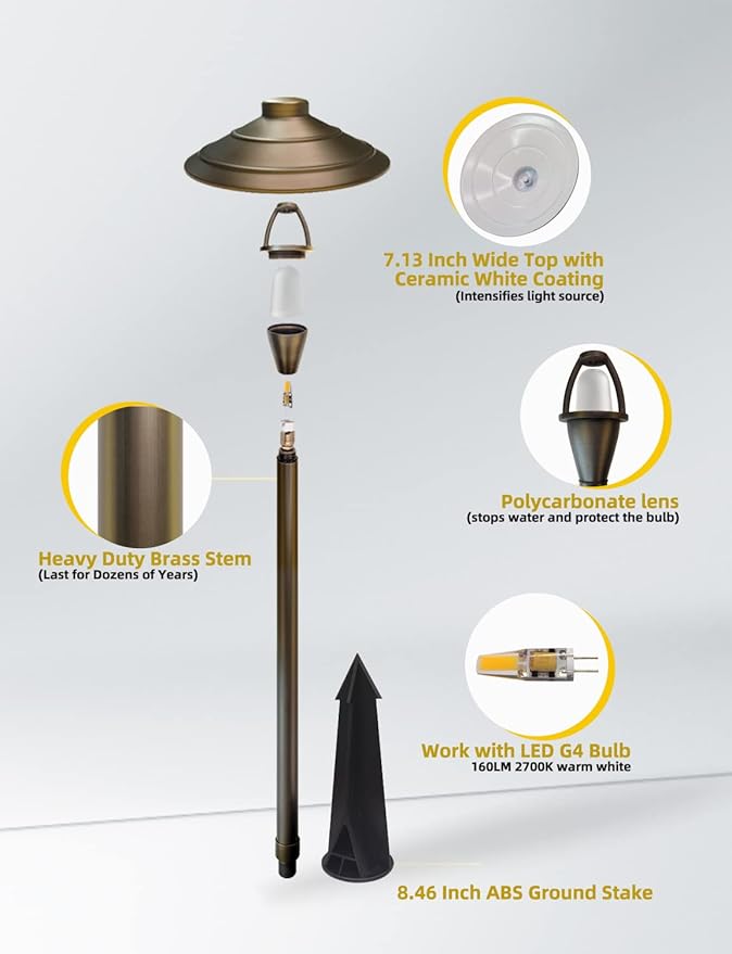 COLOER Brass Low Voltage Walkway Lights for Outside Bronze Finish 4-Pack with LED G4 Bulb,9-17V AC/DC 2W 2700K Warm White Outdoor Landscape Path Lights for Garden,Yard,Sidewalk or Driveway(601B)