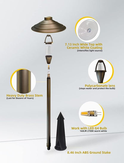 COLOER Brass Low Voltage Walkway Lights for Outside Bronze Finish 4-Pack with LED G4 Bulb,9-17V AC/DC 2W 2700K Warm White Outdoor Landscape Path Lights for Garden,Yard,Sidewalk or Driveway(601B)