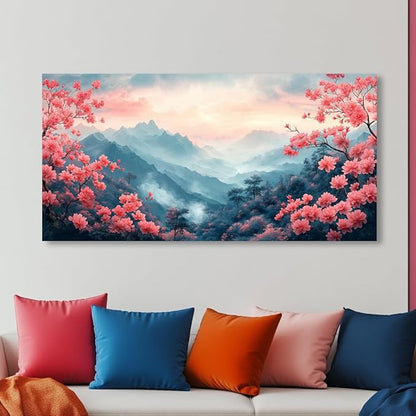 Pink Mountain Wall Art for Living Room Office Beautiful Floral Flower Painting Prints Mountain Flowers Landscape Canvas Artwork Girls Bedroom Decor Ready to Hang (30x60 Inches)