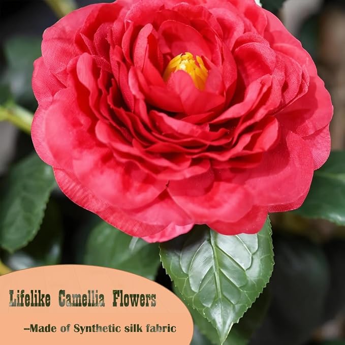 4ft Decorative Artificial Camellia Tree with Red Flowers, Potted Faux Floral Plant, Realistic Blooming Fake Plants for Indoor Outdoor Home Front Door Planter Decor