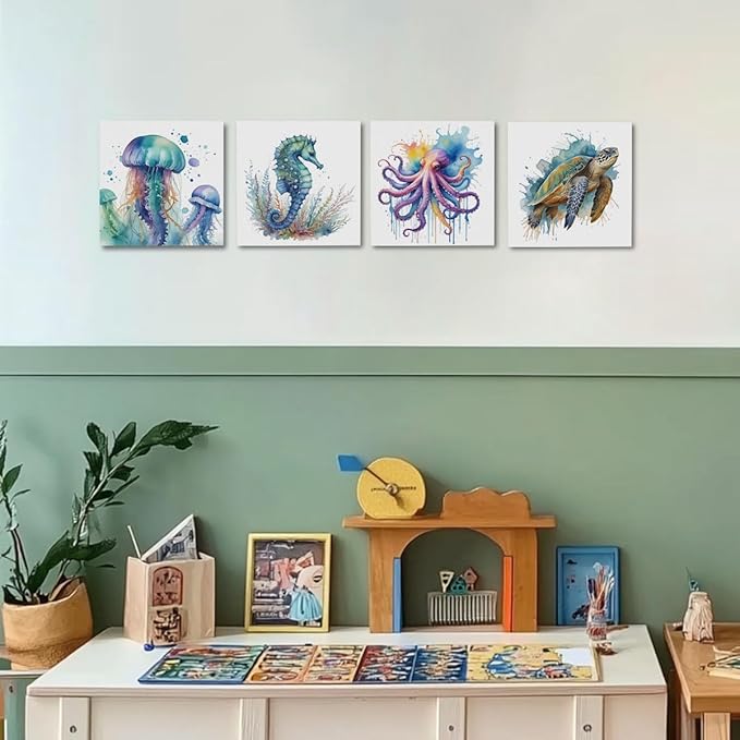 4 Pcs Watercolor Octopus Sea Turtle Seahorse Jellyfish Canvas Wall Art Framed Sea Animals Art Posters Pictures Wall Decor Ocean Canvas Decoration Artwork for Walls Home Living Room Bedroom Office