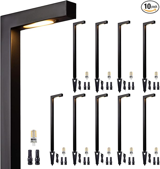 Gardenreet Outdoor Brass Low Voltage Driveway Lights, Black 12V Electric Waterproof Pathway Lighting, Wired Bronze L Shape Path Lights for Sideway Garden Patio with 3W 270LM 4000K G4 Bulb 10 Pack