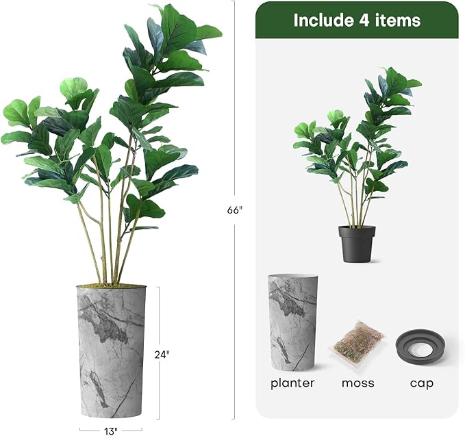 Artificial Tree in Gray Marble Effect Planter, Fake Ficus Lyrata Silk Trees for Indoor and Outdoor Home Decoration - 66" Overall Tall (Plant Pot Plus Tree)