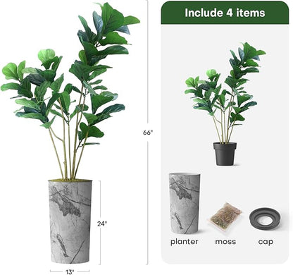 Artificial Tree in Gray Marble Effect Planter, Fake Ficus Lyrata Silk Trees for Indoor and Outdoor Home Decoration - 66" Overall Tall (Plant Pot Plus Tree)