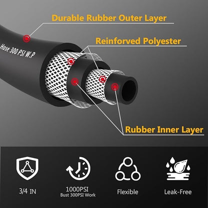 Leader Garden Hose 10ft x 3/4", Heavy Duty Short Water Hose, Male to Female Fittings, Five Layered Braiding for Durability, 1000PSI Burst, 300PSI Working (Black)