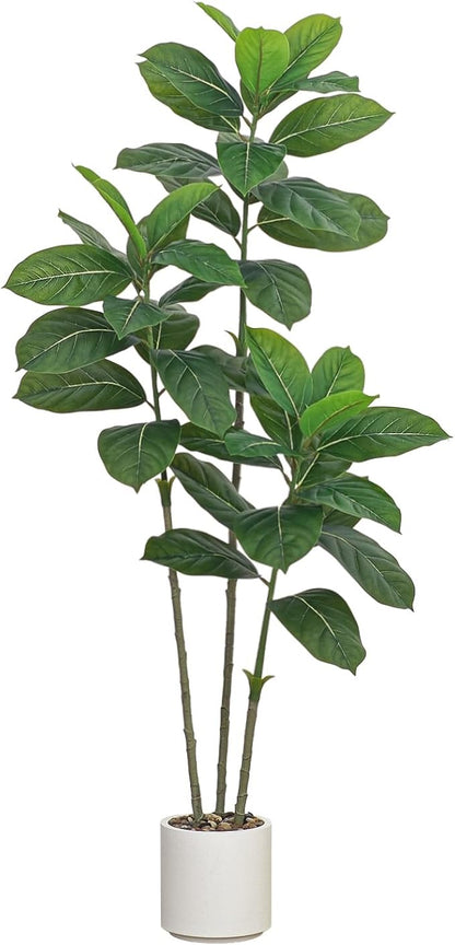 Ficus Tree Artificial Plants Indoor, 5FT Tall Fake Trees in White Pot, Large Potted Silk Floor Plant Artificial Trees, Green Lifelike Faux Ficus Tree for Home Room Office Porch Decor-Green