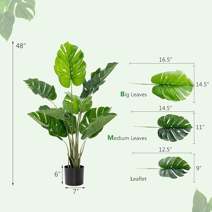 GOFLAME Artificial Monstera Deliciosa Plant, 4ft Potted Faux Tree with 10 Verdant Fake Leaves, Swiss Cheese Plant for Home Decor Indoor, Outdoor, Home, Office, 2 Pack