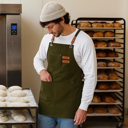 Chef Aprons for Men Canvas Apron with Large Pockets and Adjustable Neck Strap for Cooking, BBQ, Gardening