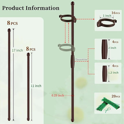 Plant Stakes 17inch &11inch SupKing 16Pcs Adjustable Flower Support Poles Orchid Sticks with Clips for Indoor Outdoor Garden Potted Tomato Rose Amaryllis Vegetables Comes with 20 Ties (Brown)