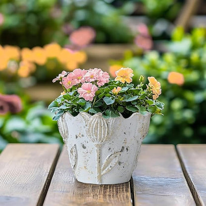 5.63" Rustic Cement Plant Pot Succulent Planters for Outdoor/Indoor Plants Vintage Tulip Planter Pot Cylinder Round Flower Pot for Succulent/Herbs/Violets, Home Garden Balcony Decor White