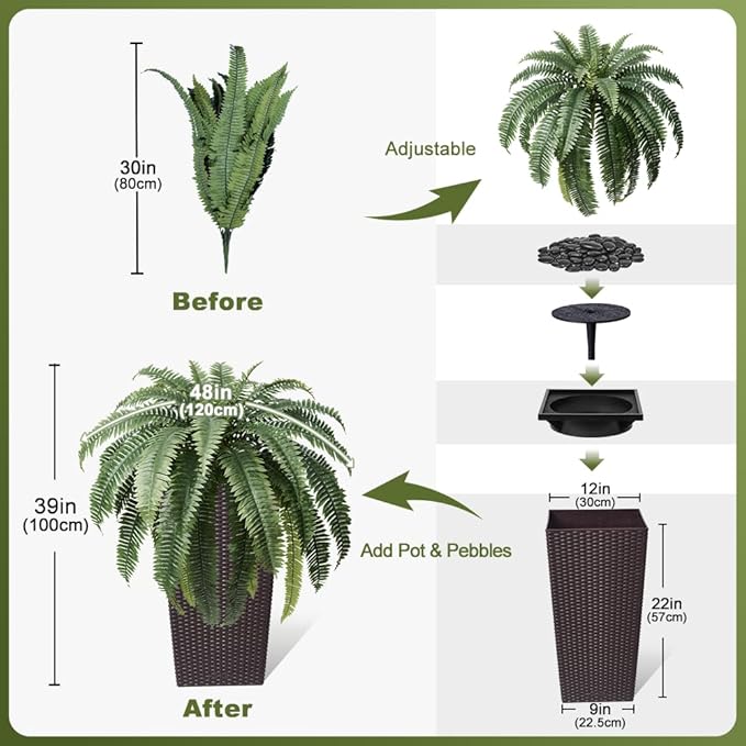 48" Boston Ferns Artificial Outdoor Plants - 39 Fronds UV Resistant Faux Greenery with Taper Planter- Realistic Fake Bushes Front Porch Decor for Garden, Patio, Indoors - Set of 1, VN153