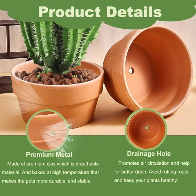 8 Inch Shallow Terracotta Pot for Succulent - 2 Pcs Large Clay Planter Pots with Drainage Hole, Shallow Plant Pottery Pots for Cactus Succulent and Other Indoor Outdoor Plants