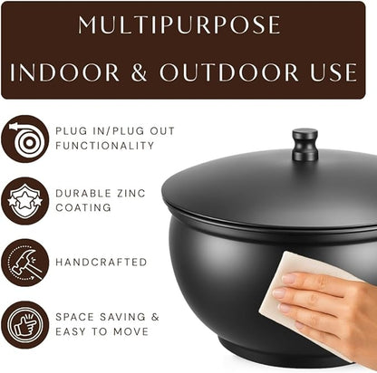 Monarch Abode Garden Hose Holder with Lid – Decorative Water Hose Holders for Outside, Smooth Metal Matte Black Pot with Drainage, 100ft Waterhose Holder for Outside, Garden Storage Caddy