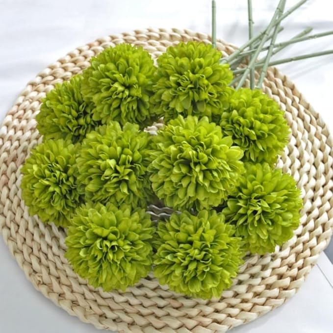 Artificial Flowers Chrysanthemum Ball Flowers Bouquet 10pcs Present for Important People Glorious Moral for Home Office Coffee House Parties and Wedding (Green)