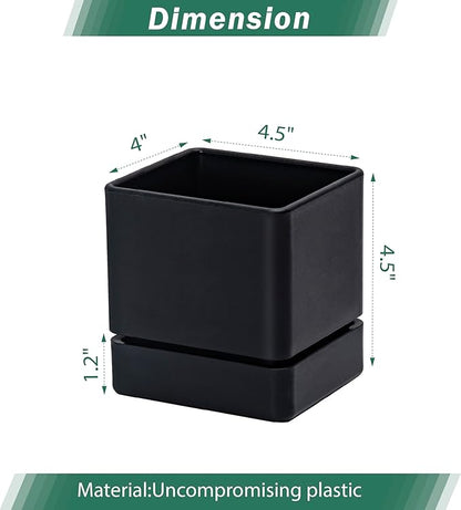 D'vine Dev 4 Inch Herb Planter Pot, Plastic Planter with Drainage Holes and Saucer, Modern Decorative Gardening Pot for Indoor Plants, Flowers, Herbs, Succulents, Black, Set of 3, 76-Y-B3-1