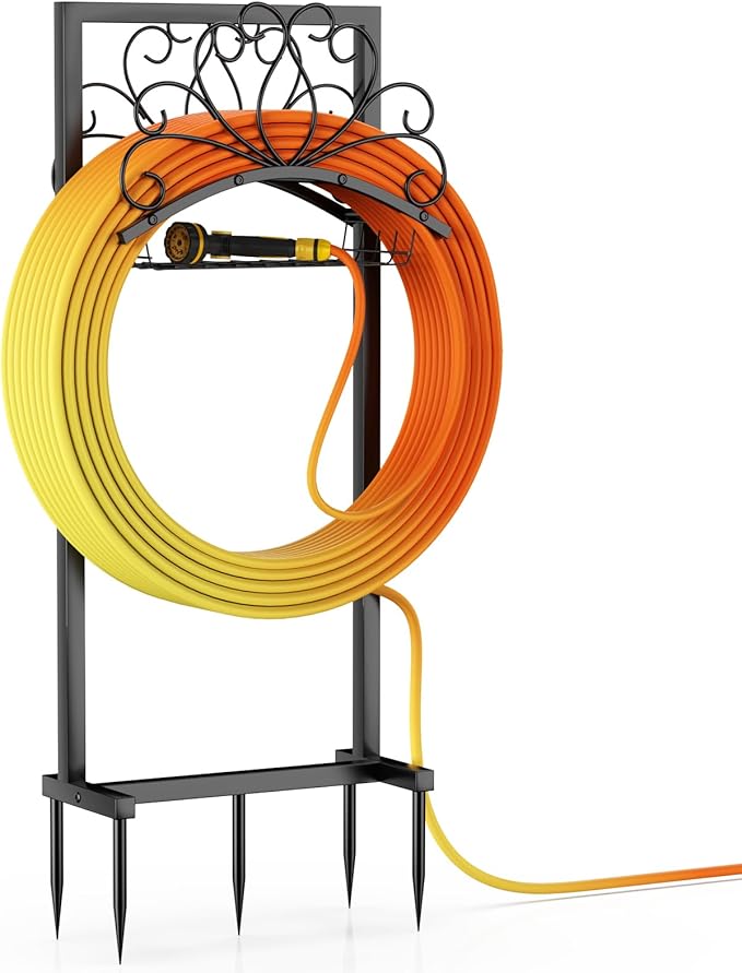 Garden Hose Holder, Heavy-Duty Metal Water Hose Holder with Detachable Storage Basket, Freestanding Hose Stand & Organizer for Outside Yard Lawn, Rust-Resistant Hose Rack for Easy Hose Storage