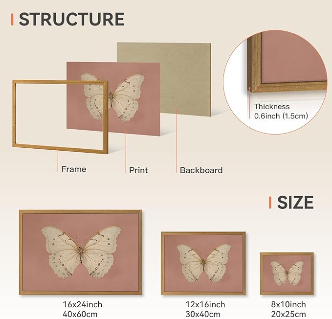 CAZLOUC Vintage Butterfly Canvas Wall Art, Pink Bathroom Wall Decor, Classic White Butterfly Aesthetic Picture, Retro Nature Insect Poster Print for Bedroom Living Room Wood Framed 16x24 Inch