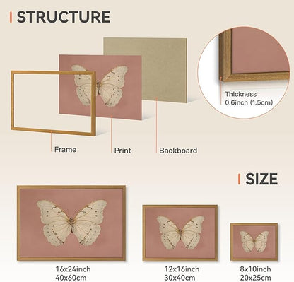 CAZLOUC Vintage Butterfly Canvas Wall Art, Pink Bathroom Wall Decor, Classic White Butterfly Aesthetic Picture, Retro Nature Insect Poster Print for Bedroom Living Room Wood Framed 16x24 Inch