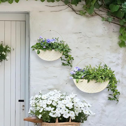 2-Piece Metal Planter Wall Hanging Baskets Decor Half-Moon Wall Mount Planter Set for Shabby Chic Farmhouse Outdoor Indoor Wall Decor