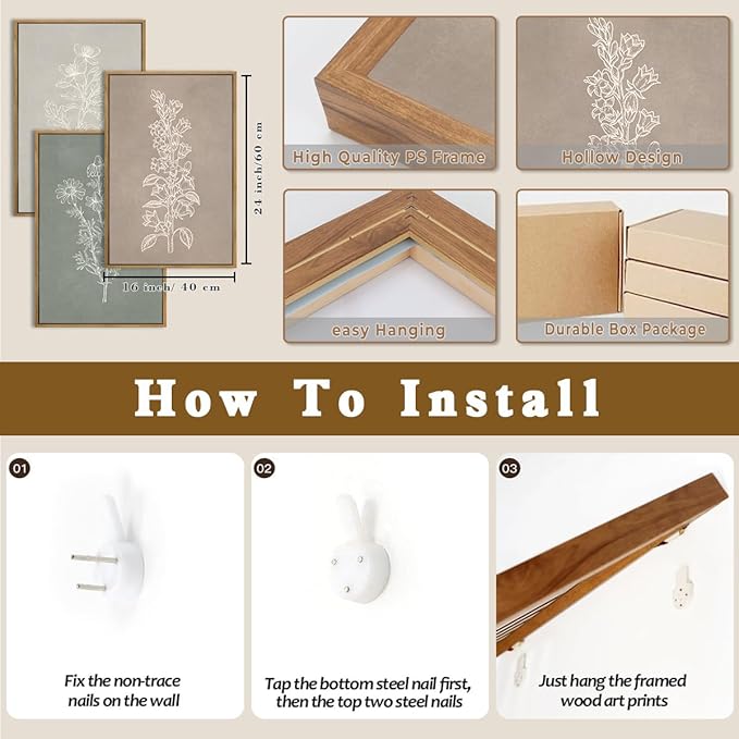 ANHUIB Neutral Botanical Wall Art Farmhouse Floral Paintings Boho Flower Wall Decor 16x24 Inch Set of 3 for Living Room Bedroom