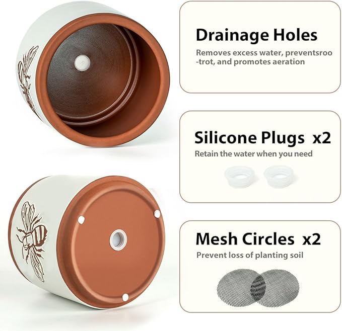 YBX Terracotta Pots Inch with Drainage Holes, Bee Decor, Ceramic Pots for Indoor Plants Flower Pots Outdoor, Succulent, Herbs, Snake Plants (White, 8+6+4 Inch)