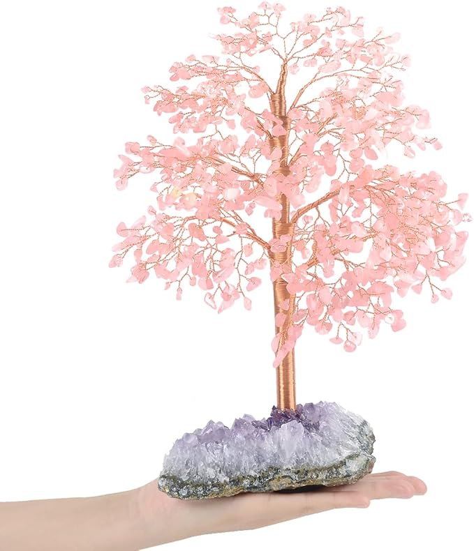 Rose Quartz Tree Gemstone Crystal Tree of Life,Amethyst Cluster Base,Healing Pink Crystal Chakra Balancing Positive Energy,Table Bonsai Feng Shui Decor Money Tree 10"-11"