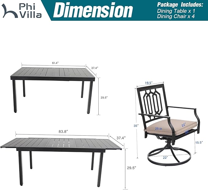 PHI VILLA 9 Pieces Outdoor Dining Set, Expandable Metal Table (64"-82") and 8 Swivel Dining Chairs – Perfect for Patio, Garden, Deck, Porch, and Yard, 9PCS Outdoor Dining Set Style 5