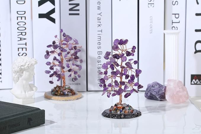 Amethyst Healing Crystal Tree of Life Natural Gemstone Agate Slice Base Copper Wire Wrapped Money Trees Feng Shui Reiki Spiritual Energy Decorations Home Office Room Desk Decor Gifts for Women Men