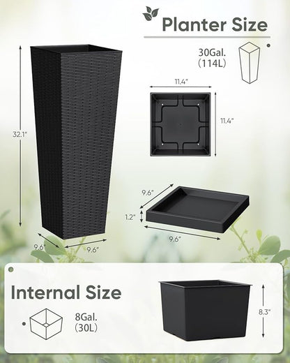 Greesum Set of 2 Tall Plastic Planters with Saucer, 32 Inch Large Pots with Drainage Trays, Weather-Resistant Plastic Plant Containers for Patio, Porch, Garden,Black