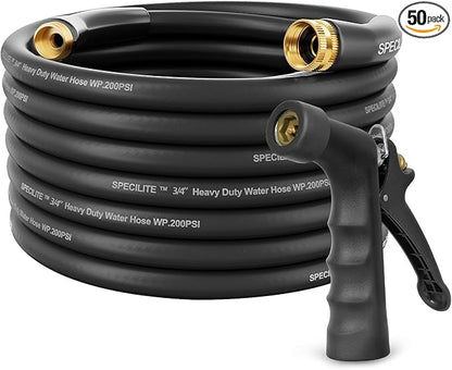 SPECILITE 3/4" Hot/Cold Garden Hose 50 ft with Industrial High Pressure Nozzle, Flexible & Lightweight, 600psi Burst Rubber Water hose -50℉-158℉ With 3/4" Brass Fittings for Yard, Black