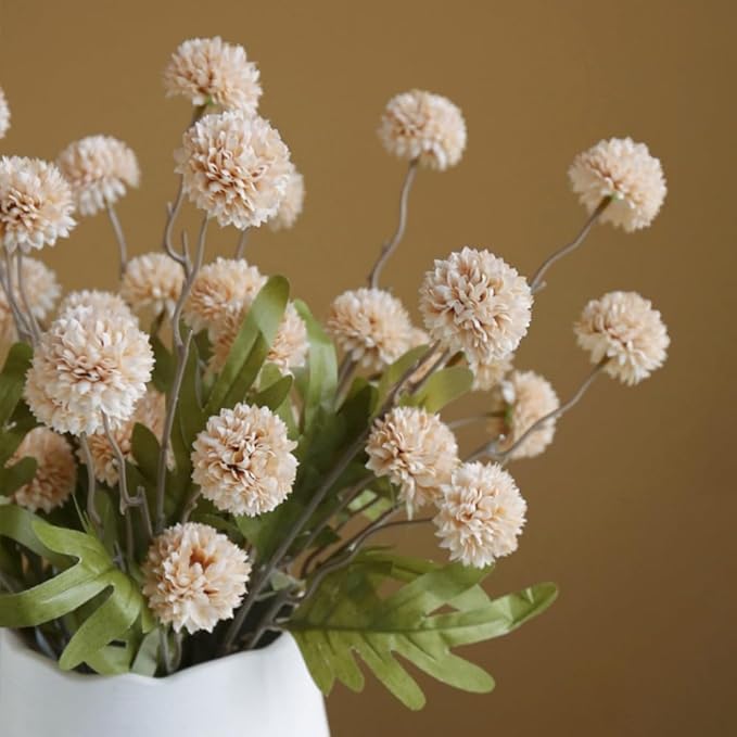 10PCS Artificial Chrysanthemum Ball Flowers Fake Mums with Long Stems Pom Pom Faux Mini Mum Flower Arrangements for Home Party Wedding Decoration (Beige)