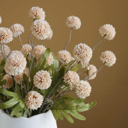 10PCS Artificial Chrysanthemum Ball Flowers Fake Mums with Long Stems Pom Pom Faux Mini Mum Flower Arrangements for Home Party Wedding Decoration (Beige)