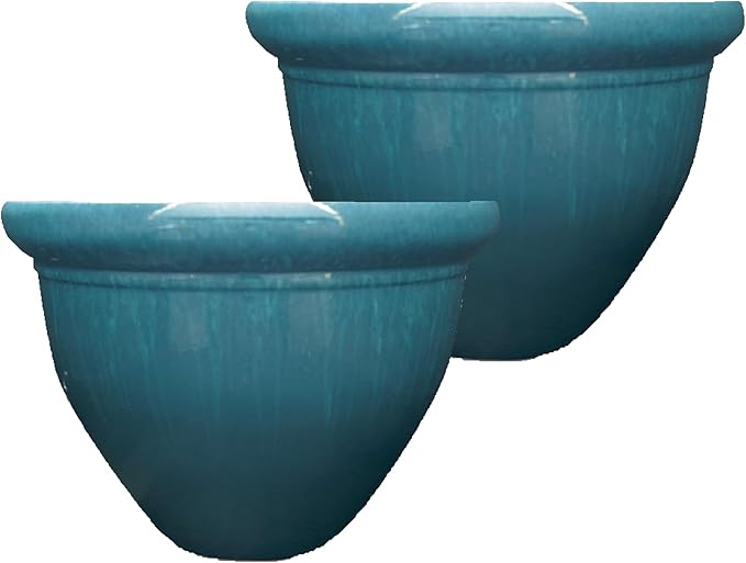 The HC Companies 12 Inch Pizzazz Round Planter Pots with Ceramic Look, Lightweight UV-Resistant Plastic Outdoor Planters, 2-Pack Flower Pots for Garden & Home Decor, Blue Drip